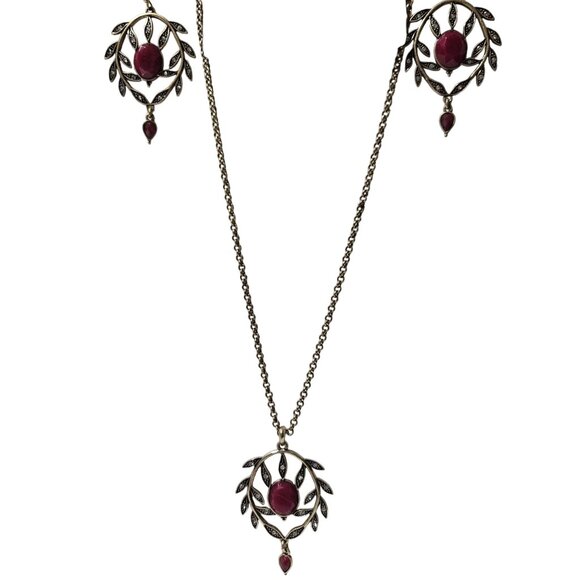 Elegant Antique Style Necklace Earring Set Red Stone Leaf Design Fashion Jewelry - Picture 1 of 8